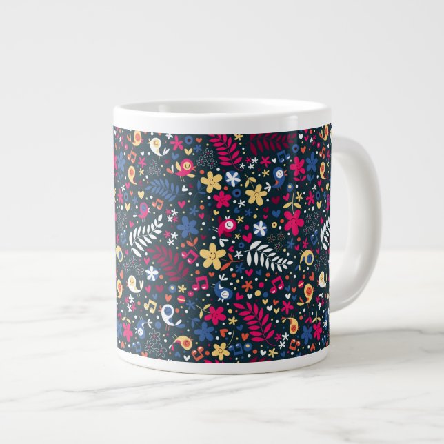 Caneca De Café Grande pássaros bonitos e padrão de flores (Frente Esquerda)