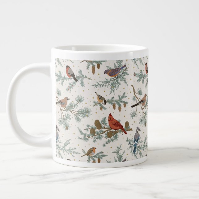 Caneca De Café Grande Pássaros de inverno e Sucursais de pinheiro (Esquerda)