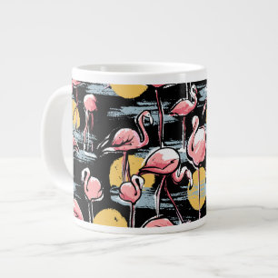 Caneca De Café Grande Pássaros Flamingo rosa e pôr do sol   Tango tropic