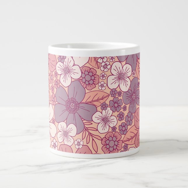 Caneca De Café Grande Pastel Rosa e Púrpura Floral (Frente)