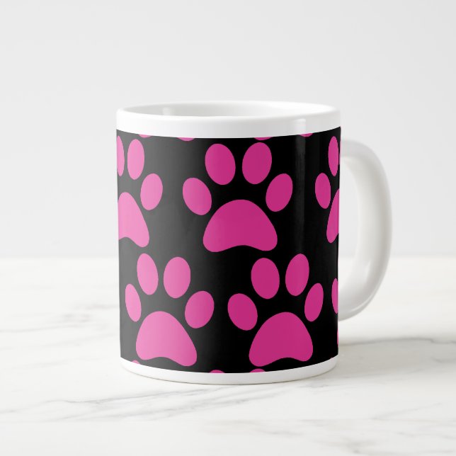 Caneca De Café Grande Pata de Cachorro Bonita Imprime Preto Rosa Quente (Frente Esquerda)