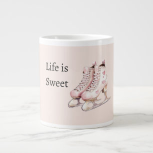 Caneca De Café Grande Patins de Gelo Corações Brancos Rosa A Vida é Doce