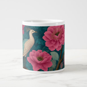 Caneca De Café Grande Pavão Vibrante e Padrão Floral Rosa
