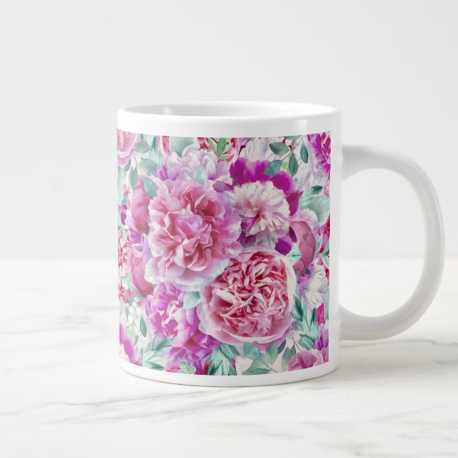Caneca De Café Grande Pêonias Rosa Extremas E Folhas De Teto Verde (Direita)