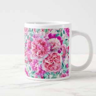 Caneca De Café Grande Pêonias Rosa Sem Água e Folhas de Teto Verde