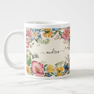 Caneca De Café Grande Personalizar Nome em Letra de Forma Preta, Flores