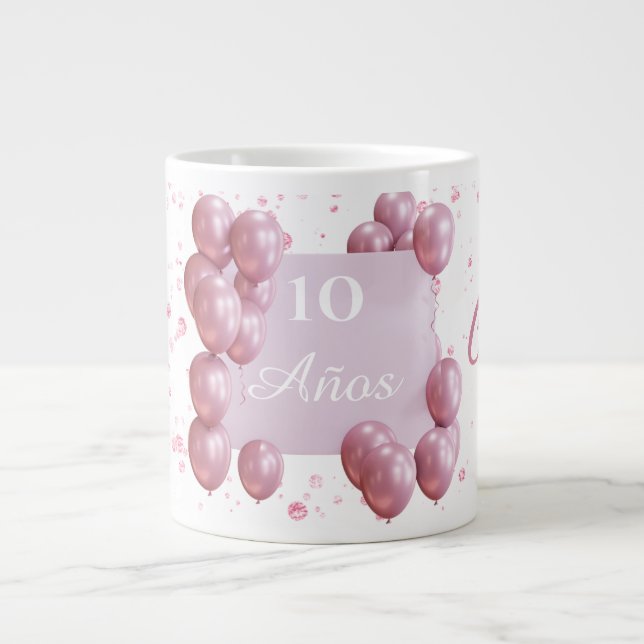 Caneca De Café Grande Personalized birthday mug, pink balloons (Frente)