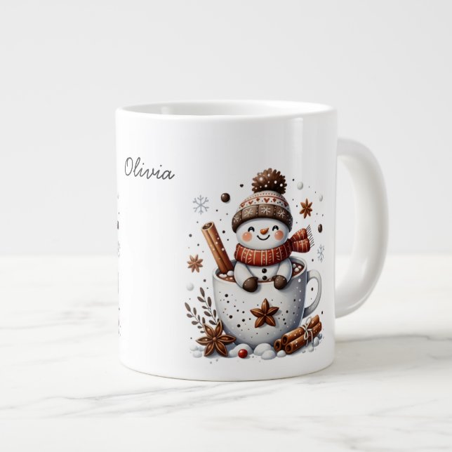 Caneca De Café Grande Personalized Hot Cocoa Snowman Custom Name Mug (Frente Esquerda)