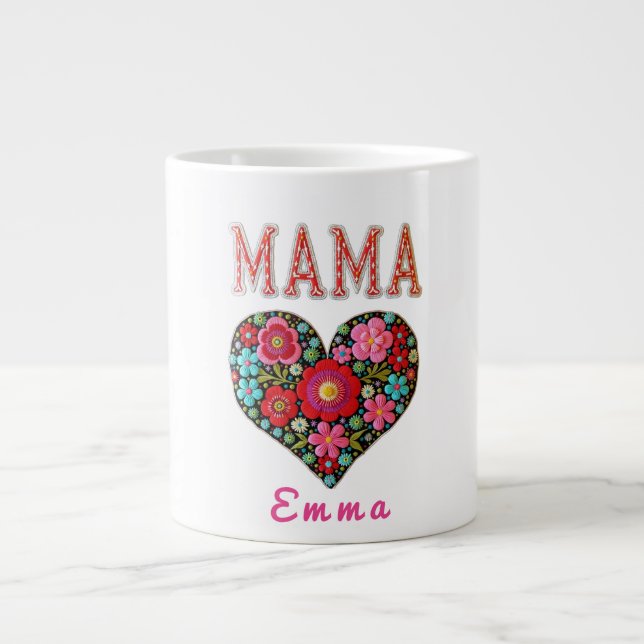 Caneca De Café Grande Personalized Mama Heart Floral Custom Gift (Frente)