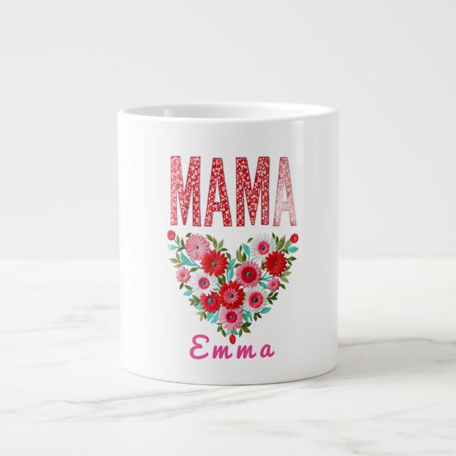 Caneca De Café Grande Personalized Mama Heart Floral Custom Gift (Frente)