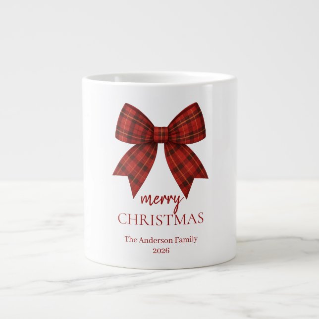 Caneca De Café Grande Personalized Merry Christmas | Red Plaid Bow (Frente)