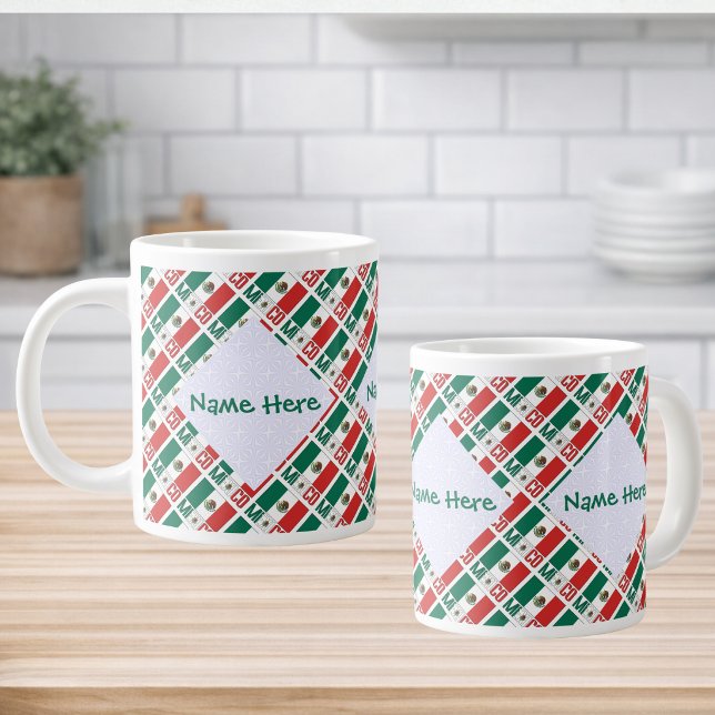 Caneca De Café Grande Personalized Mexico Flag Tiled (Personalized jumbo mug tiled Mexican Flag and MEXICO below. 3 squiggly squares fractals for name.)