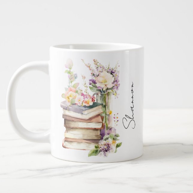 Caneca De Café Grande Personalized Name Floral Book Lover (Esquerda)