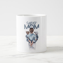Caneca De Café Grande Personalized Super Mom with Son and Daughter Gift