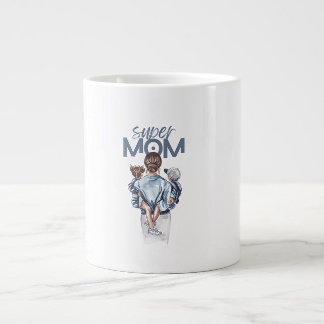 Caneca De Café Grande Personalized Super Mom with Son and Daughter Gift (Frente)