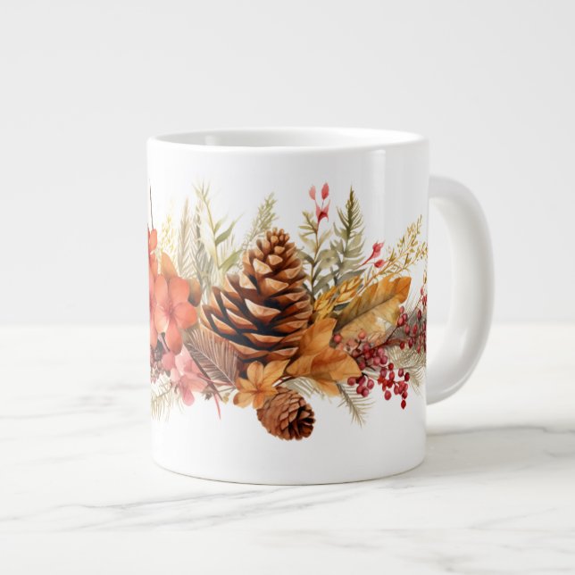 Caneca De Café Grande Pinecones Russos, Folhas de outono e Berries de in (Frente Esquerda)
