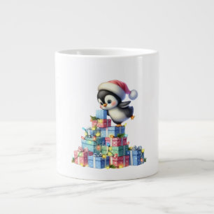 Caneca De Café Grande Pinguim de Natal bonito com presentes e cartões lu
