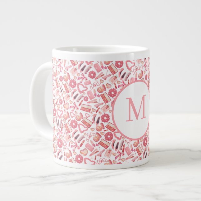 Caneca De Café Grande Pink Beauty & Makeup Seamless Pattern Girly  (Frente Esquerda)
