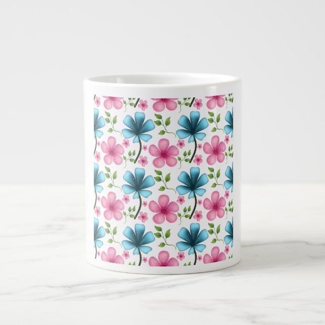 Caneca De Café Grande Pink & Blue Floral Seamless Pattern (Frente)
