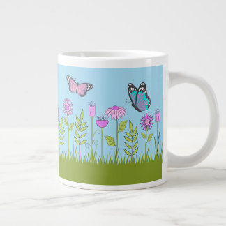 Caneca De Café Grande Pink Flowers and Butterfly All-Over Print 
