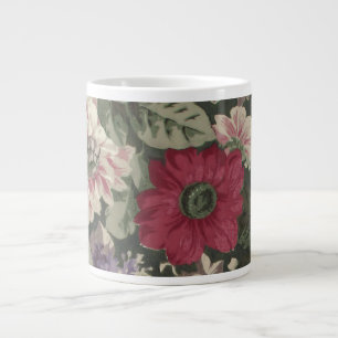 Caneca De Café Grande Pintura de flores vintage vermelho rosa azul branc