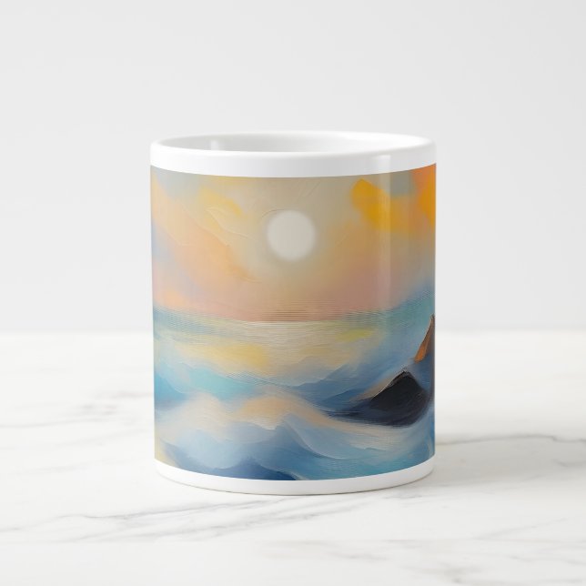 Caneca De Café Grande Pintura de ondas de mar azul claro sob o sol (Frente)