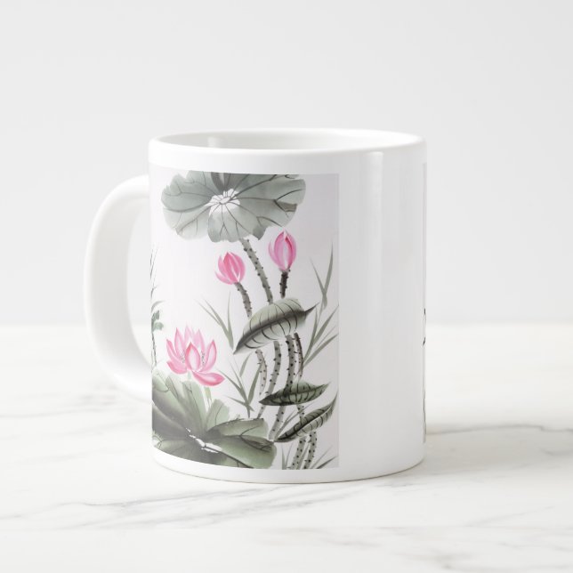 Caneca De Café Grande Pintura Em Aquarela De Flor De Lotus (Frente Esquerda)