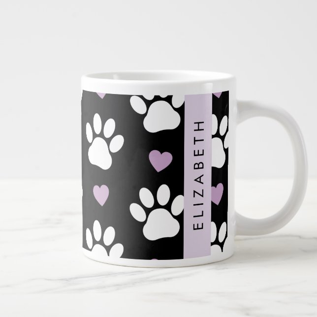Caneca De Café Grande Pinturas De Cães, Patas Brancas, Corações Lilases, (Direita)