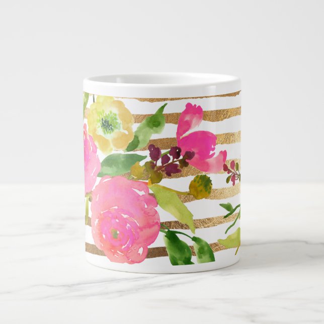 Caneca De Café Grande PixDezines aquarela/flores/ranunculus/ouro (Frente)