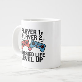 Caneca De Café Grande Pixel Gaming Couple Level Up Design