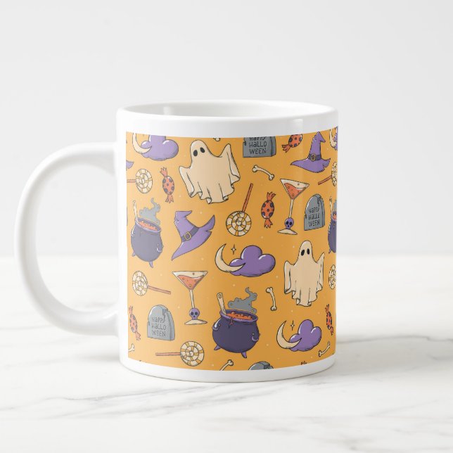 Caneca De Café Grande Playful Halloween Ghosts and Witches Patterno (Esquerda)
