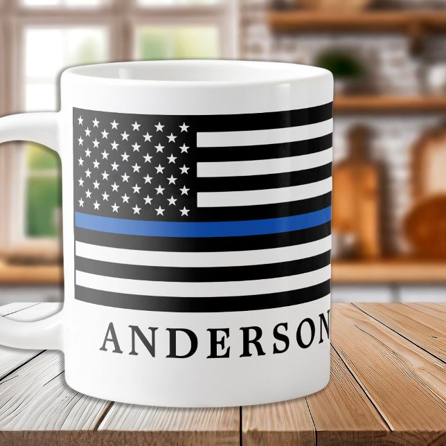 Caneca De Café Grande Policial Personalizado de Linha Azul Moderno (Criador carregado)