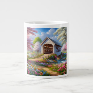 Caneca De Café Grande Ponte e rio cobertos floral/primavera colorida