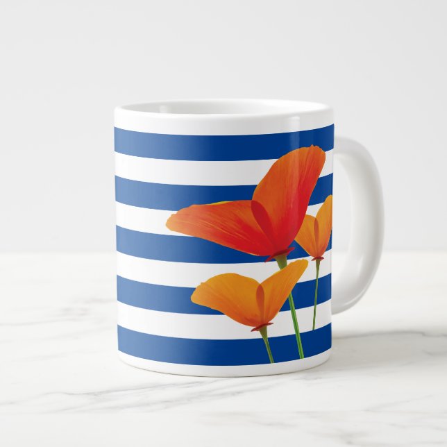 Caneca De Café Grande Poppy Blue Stripes Monograma (Frente Esquerda)