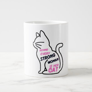 Caneca De Café Grande Por trás de toda mulher forte está seu gato - Femi