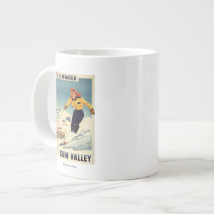Caneca De Café Grande Poster de Sorrir e Esquiar de Mulher Cabeça Vermel