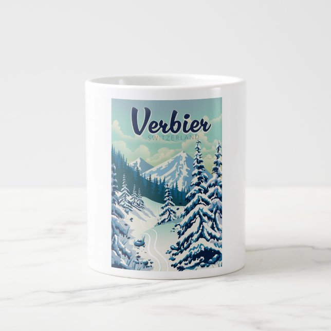 Caneca De Café Grande Poster de viagens Verbier Suiça (Frente)