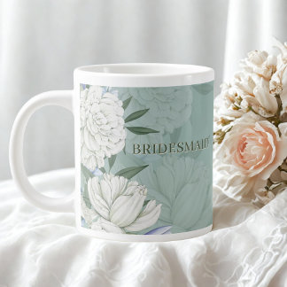 Caneca De Café Grande Presente de Dama de Honra – Verde Salvia & Peônias