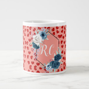 Caneca De Café Grande Presente de Monograma com Corações Vermelhos Flora