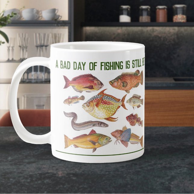 Caneca De Café Grande Presente para Pescador. Pesca ou Pescaria (Large Mug with Fish Illustrations)