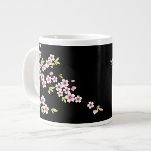 Caneca De Café Grande Preto com Sakura do Blossom da Cereja Rosa e Verde