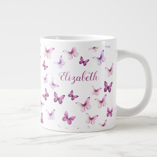 Caneca De Café Grande Pretty Pink Butterflies Custom Name (Direita)
