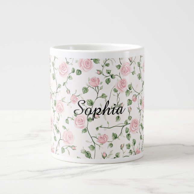 Caneca De Café Grande Pretty Pink Roses Floral   (Frente)