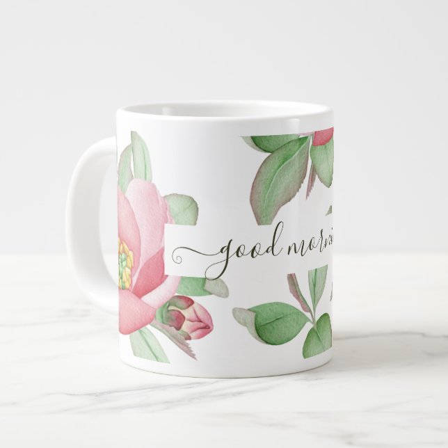 Caneca De Café Grande Primavera Magnolia Feliz Flores, Boa Manhã (Frente Esquerda)