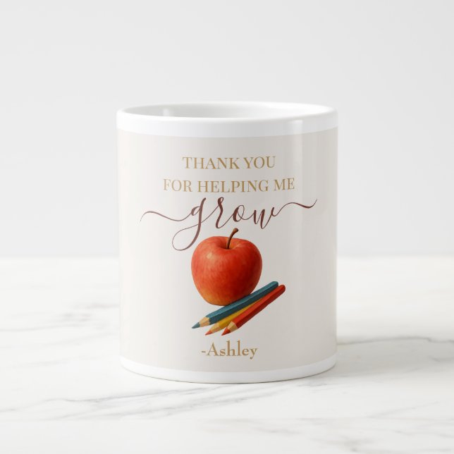 Caneca De Café Grande Professora De Maçã De Aquarela - Obrigado, Present (Frente)