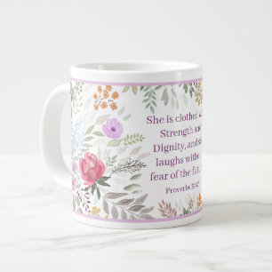 Caneca De Café Grande Provérbios 31:25 Versículo Bíblico Aquarela floral