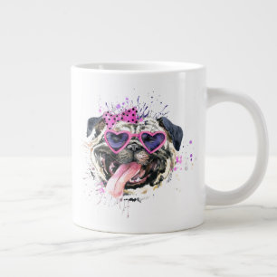 Caneca De Café Grande Pug de Aquarela Rosa-Rosa