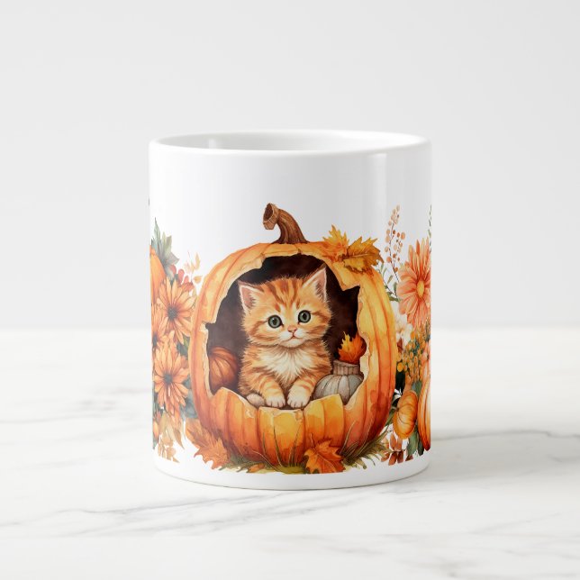 Caneca De Café Grande Pumpkin de outono e Kitten (Frente)