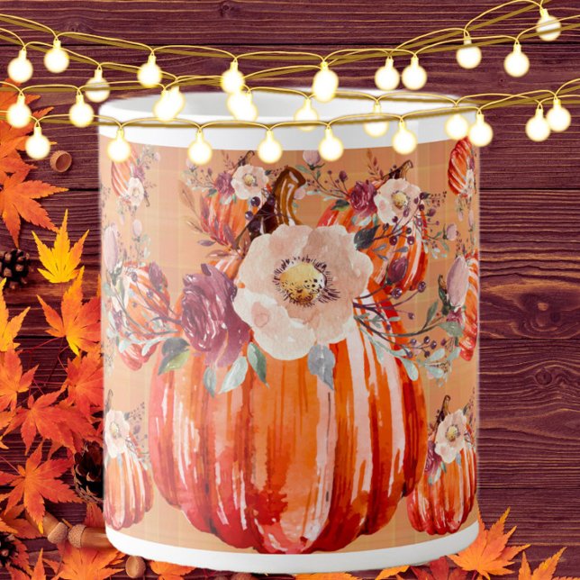 Caneca De Café Grande Pumpkin laranja outono floral xadrez verificação o (Criador carregado)
