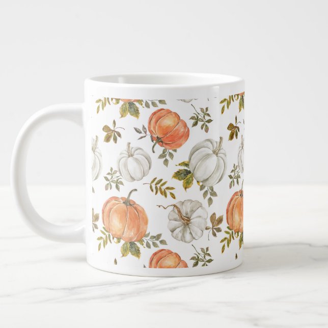 Caneca De Café Grande Pumpkins de Aquarela e Padrão de outono de Folhage (Esquerda)